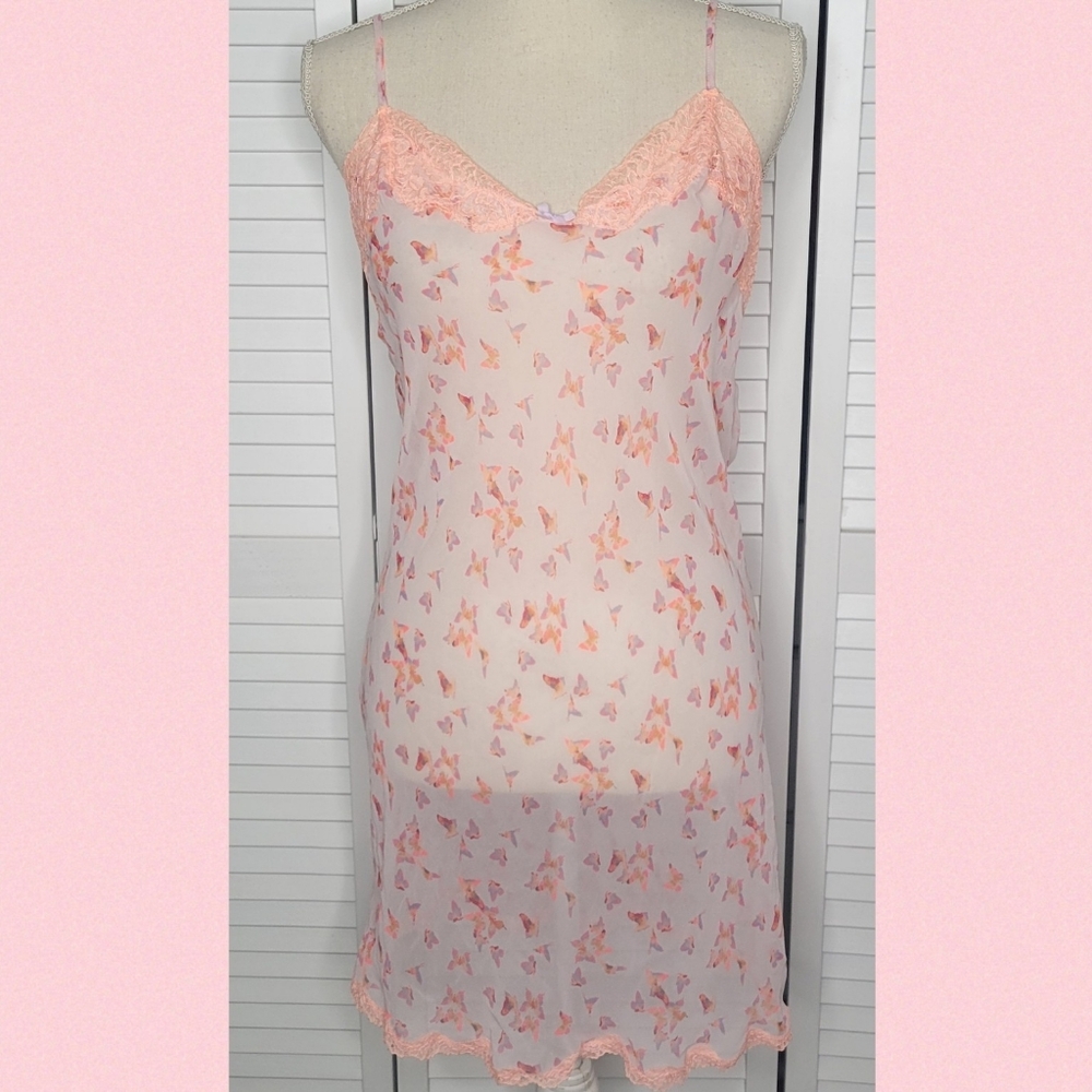 Victoria's Secret Coral Butterfly Semi-sheer Slip Nightgown size large